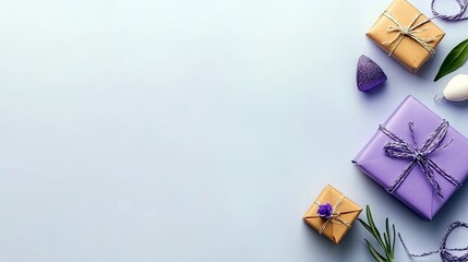 A collection of beautifully wrapped gifts and decorative items are arranged on a light blue surface, creating a festive and celebratory atmosphere.