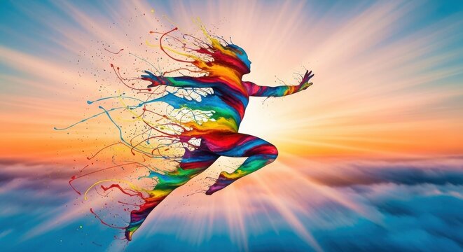 Energetic rainbow runner dissolving into paint drops above the clouds at sunset isolated on Transparent Background