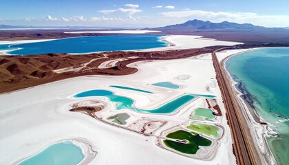 An aerial perspective reveals a striking landscape of salt evaporation ponds in vibrant turquoise and green hues, set against a stark white salt flat and a larg