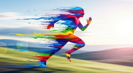 Dynamic Running Silhouette made of Abstract Colorful Paint Streaks Symbolizing Speed and Motion isolated on Transparent Background