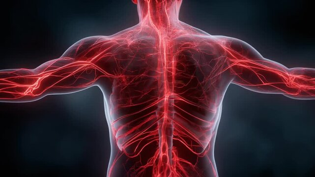 Stunning Visual of Human Body with Glowing Vascular System Against Dark Background