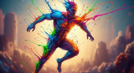 Dynamic Male Figure Running with Vibrant Multicolored Paint Splashes and Motion Blur isolated on Transparent Background
