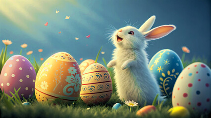 A delightful easter scene unfolds with a fluffy white bunny standing amidst a vibrant array of decorated eggs, set against a backdrop of lush green grass and a clear blue sky