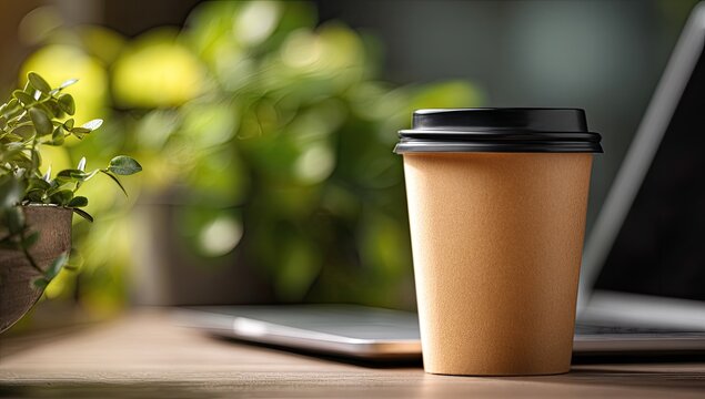 Coffee cup on a desk next to laptop and potted plant, blurred background - Powered by Adobe