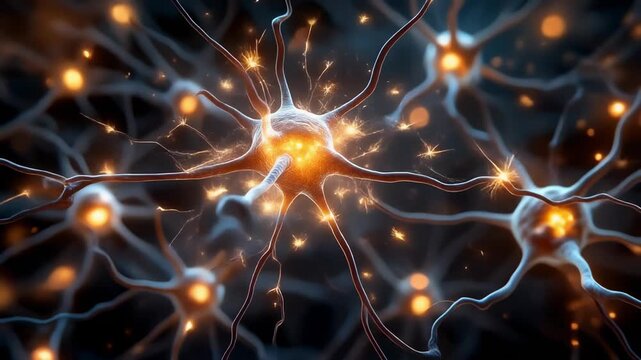 Vibrant close-up of a neuron illustrating neural connections and brain activity