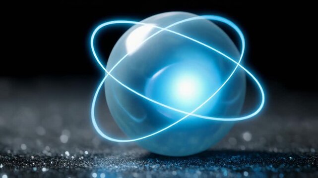 Stunning digital illustration of a glowing atom with blue rings and shimmering particles