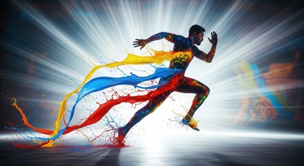 Conceptual image of fast running man leaving dynamic red, blue, and yellow color trails isolated on Transparent Background