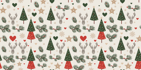 Christmas Seamless Pattern in Scandinavian Holiday Pattern with Reindeers, Snowflakes, Christmas Trees, and Hearts. Vector Illustration.