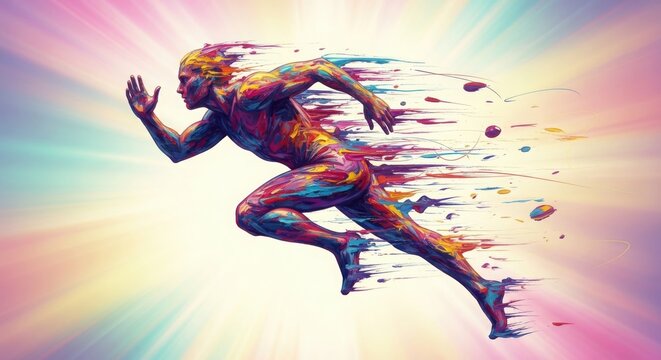 Dynamic Colorful Runner Sprinting with Extreme Motion Blur Effect and Vibrant Gradient Background isolated on Transparent Background - Powered by Adobe