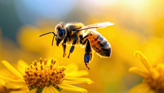 A bee with detailed wings and body hovers near the center of a bright yellow flower, with more yellow flowers blurred in the background.