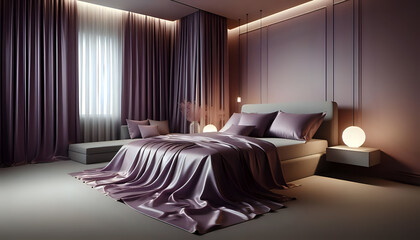 Elegant modern bedroom in soft mauve tones featuring flowing satin bedding, diffused natural light, and ambient warm accents, creating a serene, luxurious atmosphere with smooth textures and decor