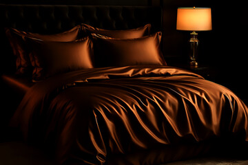Luxurious copper-brown satin bedding glows under warm ambient light, showcasing smooth folds and elegant sheen in a dark, refined bedroom setting, creating a rich and inviting atmosphere.