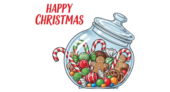 A delightful jar of Christmas treats filled with gingerbread men, candy canes, and colorful sweets for a festive season