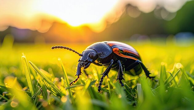 A detailed macro shot of a black and orange striped beetle navigating through vibrant green grass during a warm sunset.