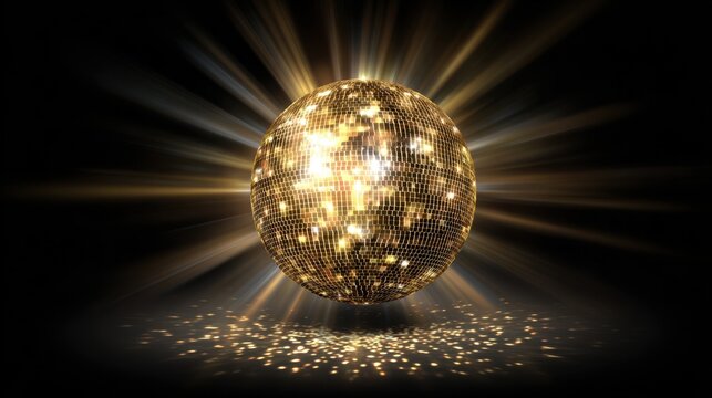 A gold disco ball with a lot of sparkles on it. The ball is surrounded by a lot of light and it looks like it's shining brightly