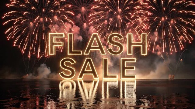 Promotional banner for a huge shopping event with brilliant fireworks exploding in the night sky over a calm sea reflection