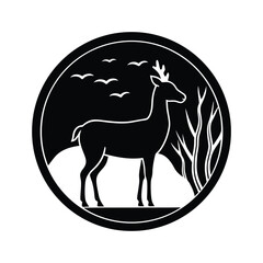 Deer standing nature silhouette circular emblem with flying birds isolated on white background