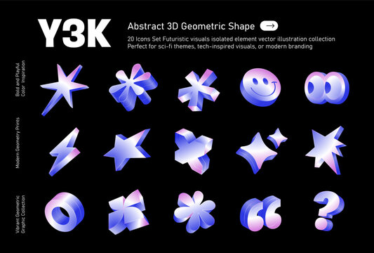 Abstract 3D Y3K Geometric Shape Icons Set, 15 Icons Set Futuristic visuals isolated element vector illustration collection Perfect for sci-fi themes, tech-inspired visuals, or modern branding 