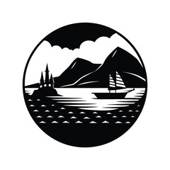 Black and white circular logo of fantasy landscape with sailboat isolated on white background