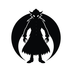 Mysterious winged demon figure with glowing gaze isolated icon isolated on white background