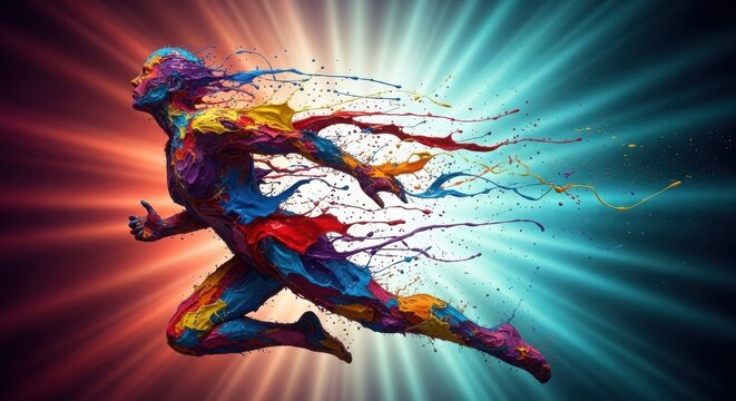 Abstract Colorful Running Figure Dissolving into Liquid Paint Splashes with Dynamic Light Rays isolated on Transparent Background