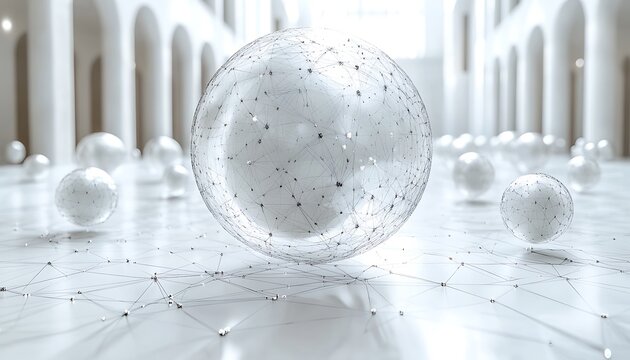 Abstract network spheres floating in minimalist architectural space technology connection - Powered by Adobe