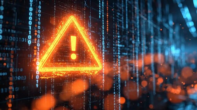 Cybersecurity Alert Glowing Warning Sign Against a Binary Code Backdrop