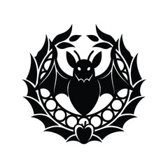 Stylized bat graphic in ornate gothic circular frame design. isolated on white background