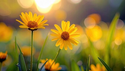 A field of vibrant yellow flowers bathed in warm sunlight, creating a serene and natural outdoor scene.