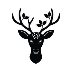 Stylized deer head silhouette with leafy antlers, nature icon isolated on white background
