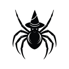 Black spider wearing pointy witch hat, halloween holiday icon isolated on white background