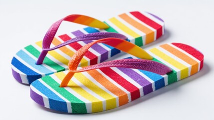A pair of colorful flip flops with rainbow stripes. Concept of fun and happiness, as the vibrant colors of the flip flops are reminiscent of a sunny day at the beach