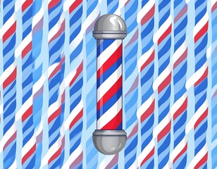 A cartoon illustration shows a barber pole against a busy backdrop of abstract, striped patterns. The pole features classic red, white, and blue spiral design
