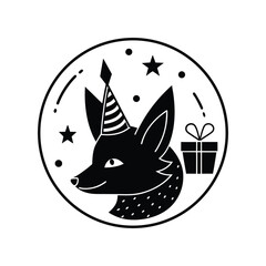 Fox with party hat and gift in a festive circular illustration isolated on white background
