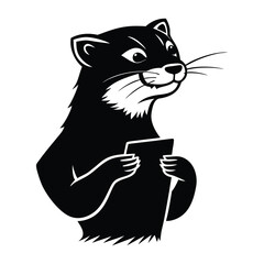 Cartoon weasel character holding document with curious expression isolated on white background