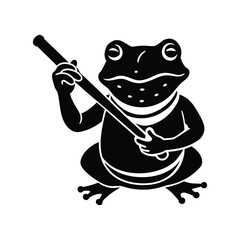 Simplistic black frog silhouette mascot holding a stick design isolated on white background