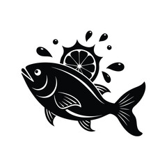 Stylized fish, lemon slice, and water splash graphic icon design isolated on white background