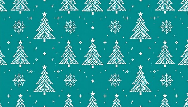 Seamless repeating pattern of stylized white Christmas trees and snowflakes on a teal background. Small star details - Powered by Adobe