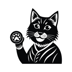 Cartoon black cat holding a paw print coin or token mascot logo isolated on white background