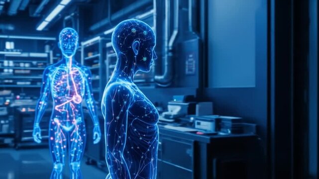 A high-tech laboratory with a holographic human body and molecular structures representing precise and targeted modern therapies for disease. 4k video