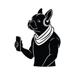 French bulldog wearing headphones and scarf, holding a phone isolated on white background
