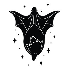Cute black cartoon bat hanging upside down surrounded by stars isolated on white background
