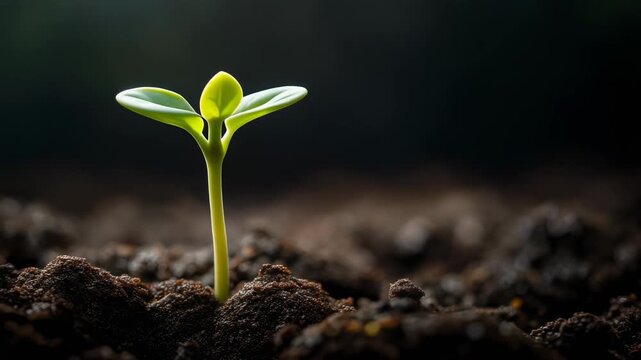 Beautiful macro shot of a new plant sprouting from dark soil showcasing nature's growth and vitality