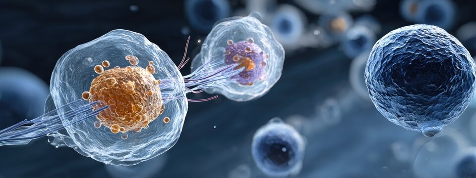 Microscopic cell interaction, orange and purple nuclei, blue background