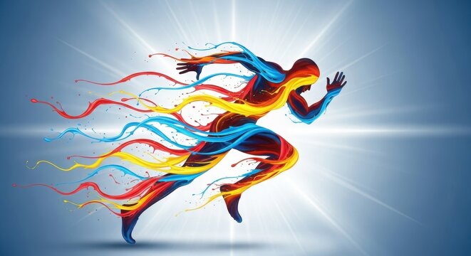 Dynamic Colorful Running Athlete Silhouette with Abstract Speed and Motion Trails Illustration isolated on Transparent Background