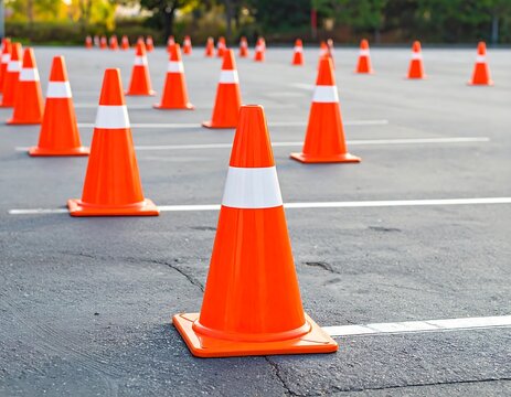 Several bright orange and white traffic cones line a paved surface, along white markings in even rows