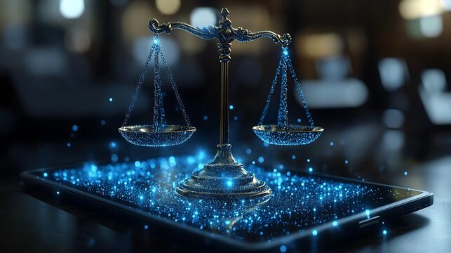 Digital justice scales with blue particles on tablet screen scales of justice technology
