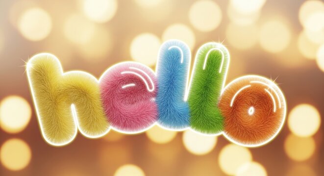 Colorful Fluffy Fur Text Typography "Hello" 3D Render with Warm Golden Bokeh Background isolated on Transparent Background