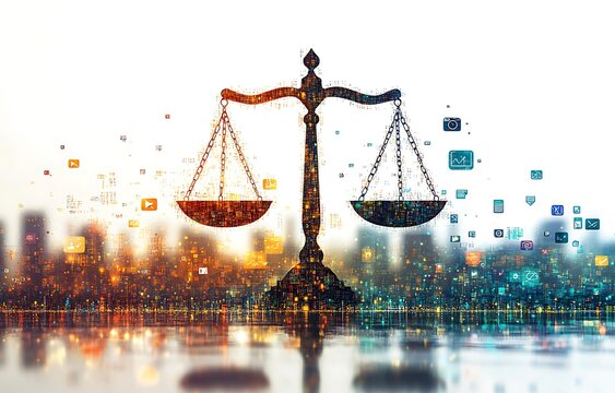 Digital scales of justice balanced over glowing city skyline at night legal