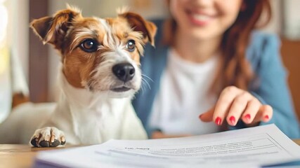 A small, cute dog looking intently at papers on a desk with a blurred person in the background, suggesting a work or home office environment